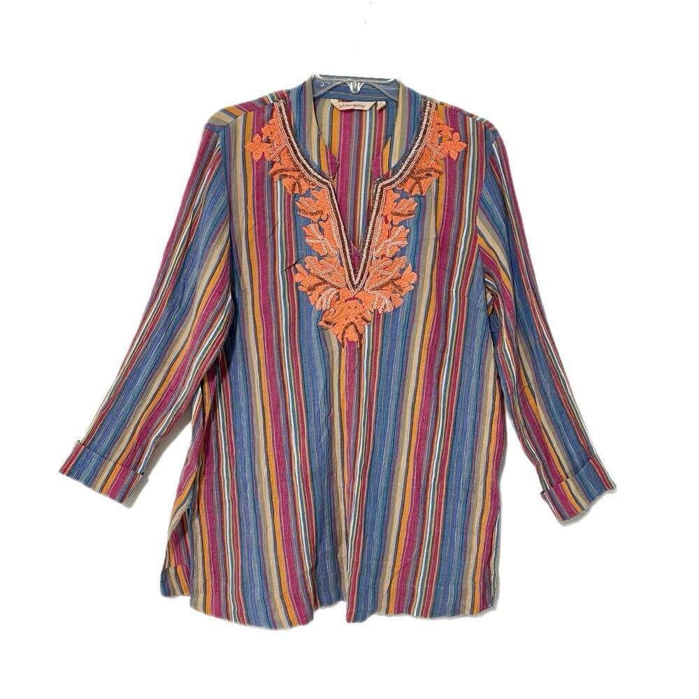 Soft Surroundings Turin Tunic Large Crinkle Gauze Striped Beaded Embroidered